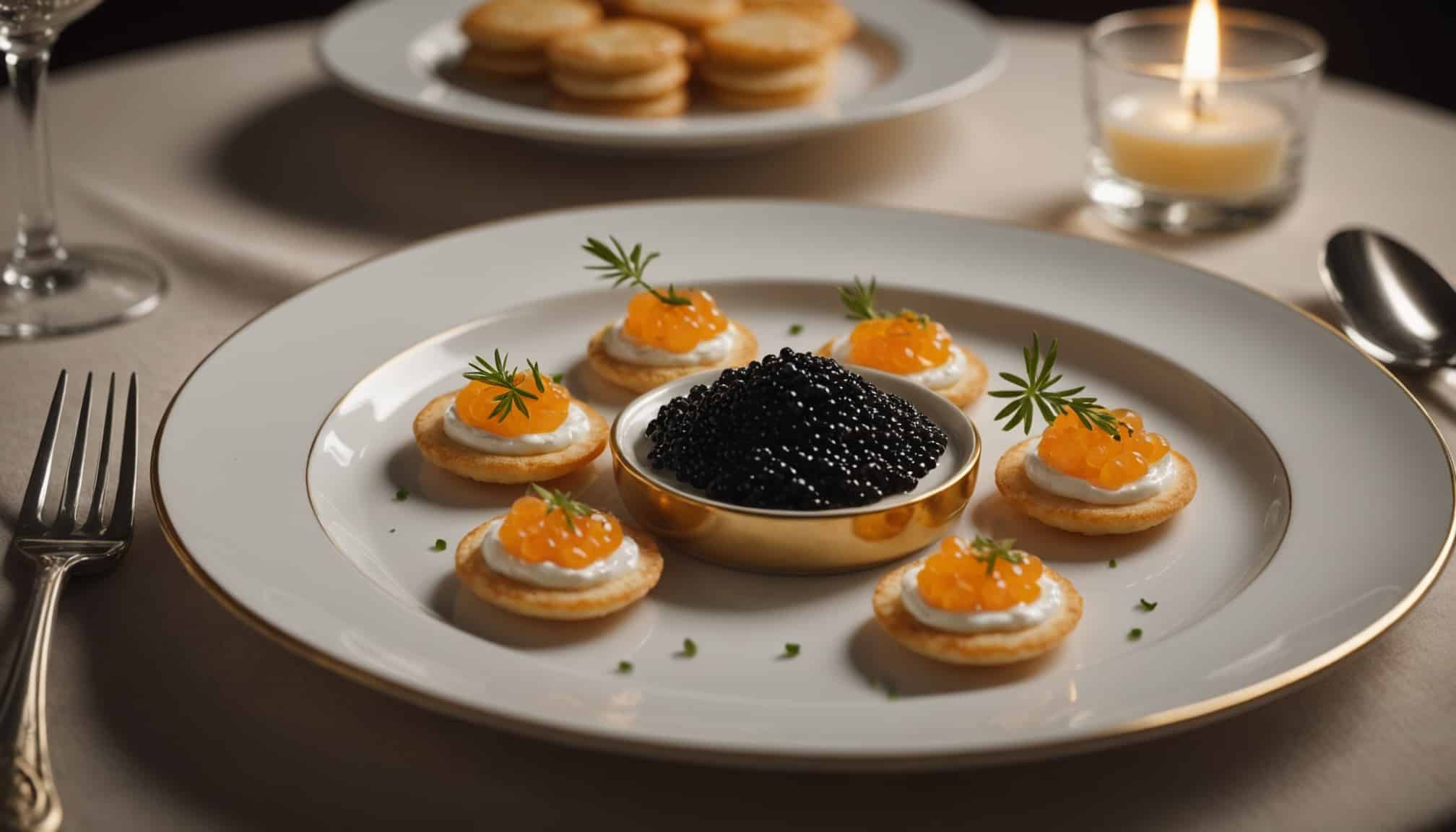 Caviar noir délicat servi avec des blinis dorés  
Mets de luxe présenté sur un plateau élégant