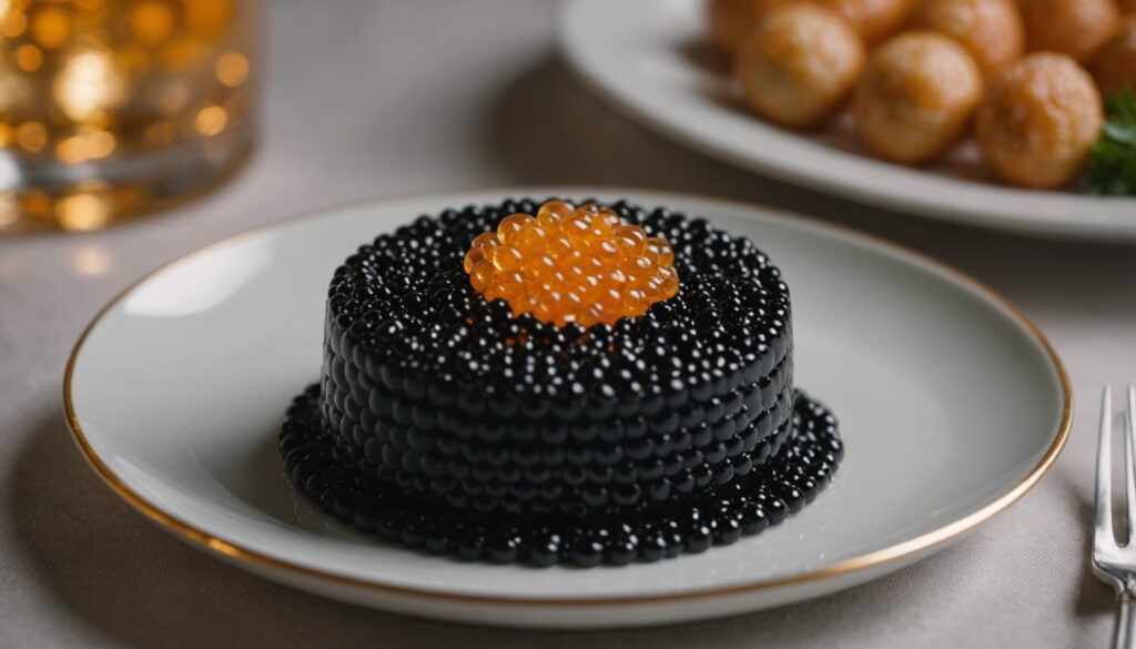 Caviar noir délicat servi avec des blinis dorés